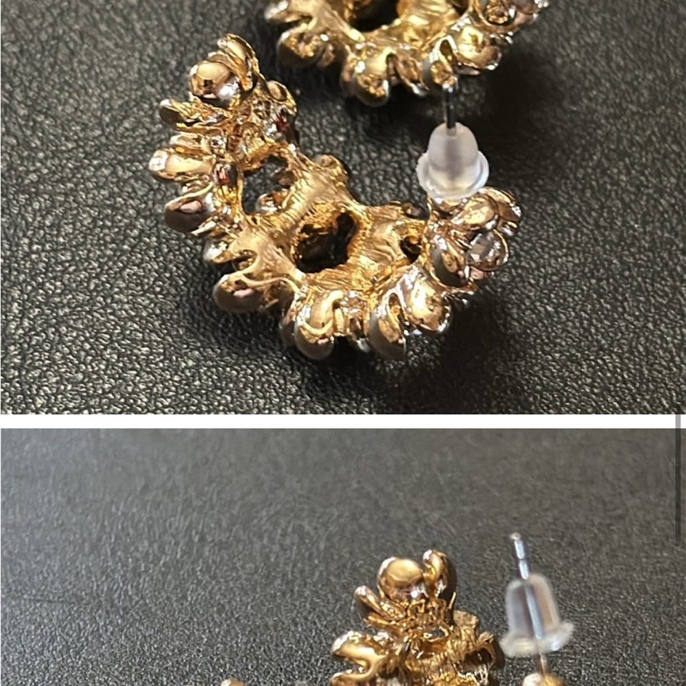 Double Row Flower Gold-Tone Post Back Rhinestone Adorned Earrings - Picture 8 of 8